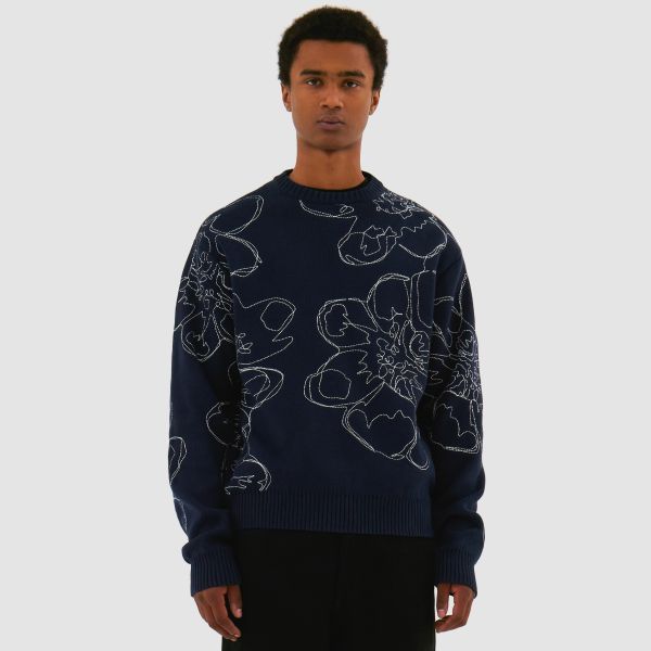 Arte Antwerp Embroidered Flower Knit Sweater Navy