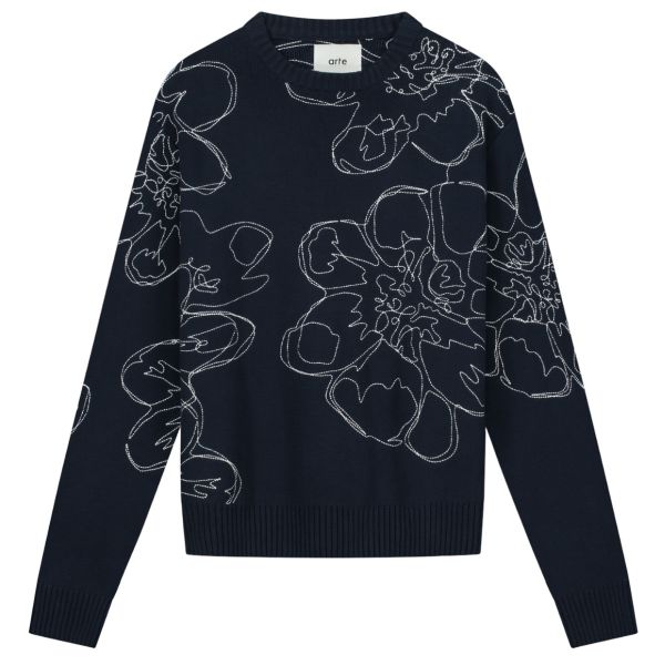 Arte Antwerp Embroidered Flower Knit Sweater Navy