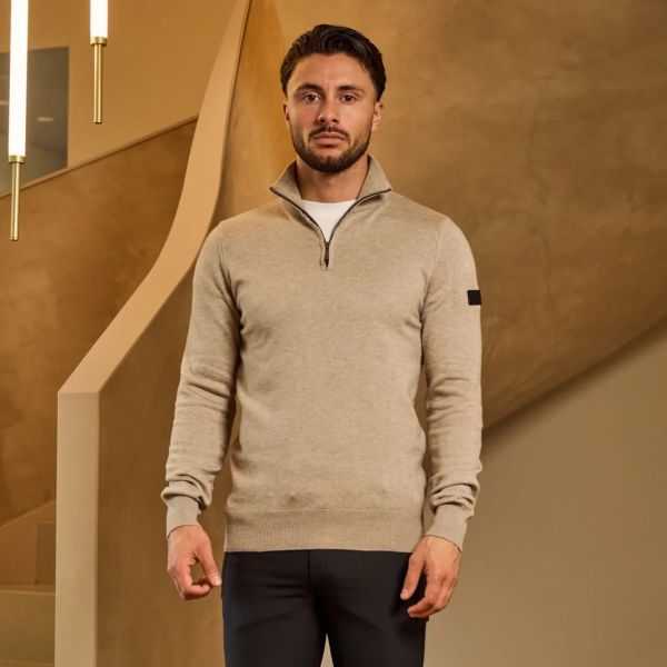 Malelions Knitted Quarter Zip Sweater Beige