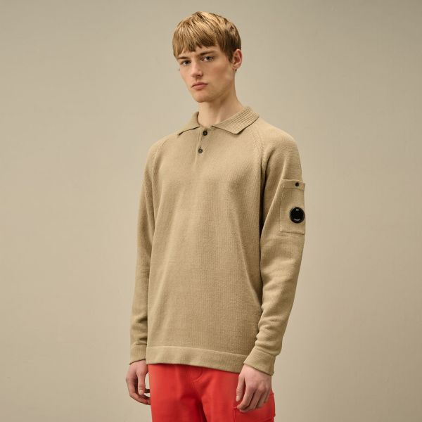 CP Company Chenille Cotton Knit Longsleeve Polo Beige
