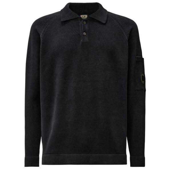 CP Company Chenille Cotton Knit Longsleeve Polo Navy